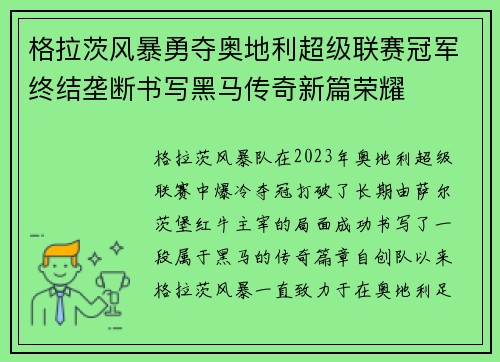 格拉茨风暴勇夺奥地利超级联赛冠军终结垄断书写黑马传奇新篇荣耀 格拉茨风暴勇夺奥地利超级联赛冠军终结垄断书写黑马传奇新篇荣耀