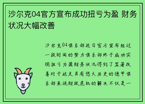 沙尔克04官方宣布成功扭亏为盈 财务状况大幅改善